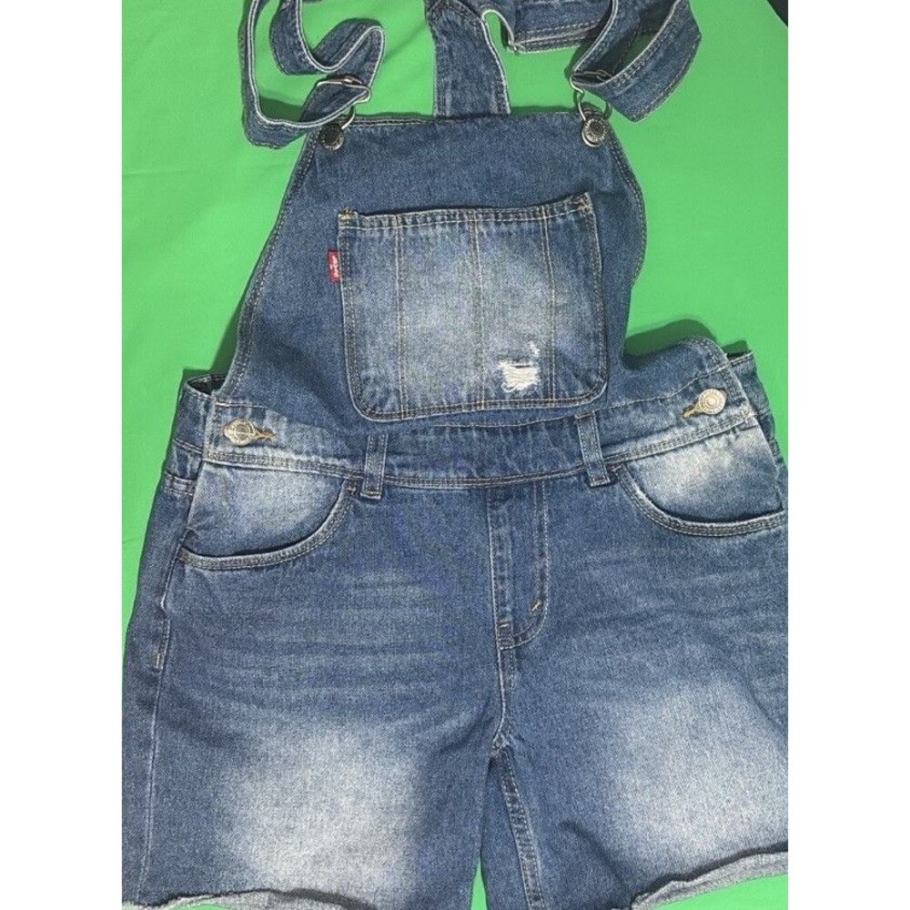 Juniors LEVIS Sz 14 Reg Shortall Bib Shorts Youth Girl Denim Overall Distressed